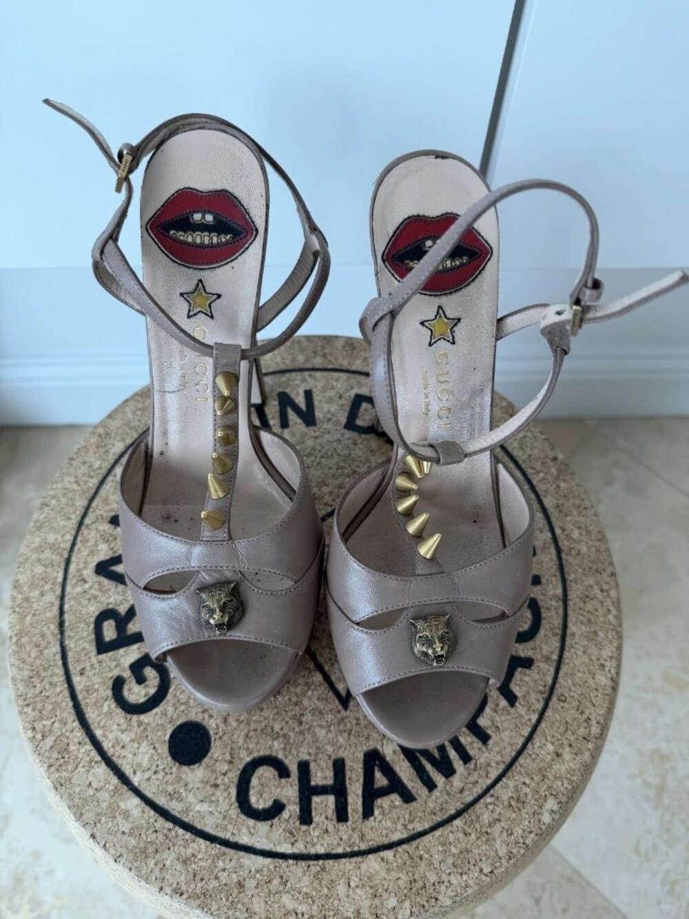 Gucci Cat Head Studded Platform Sandals Taupe Leather